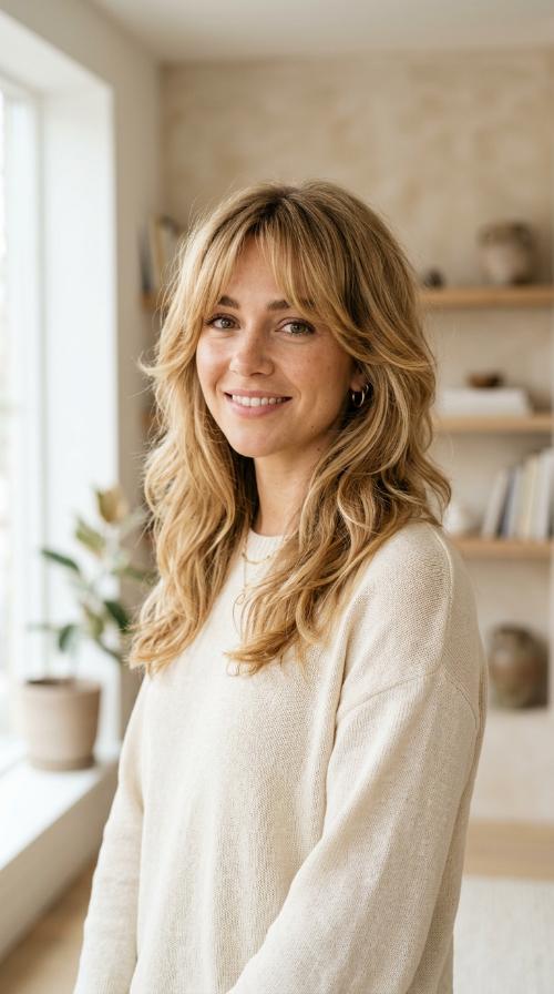 Honey Blonde Shag with Curtain Bangs