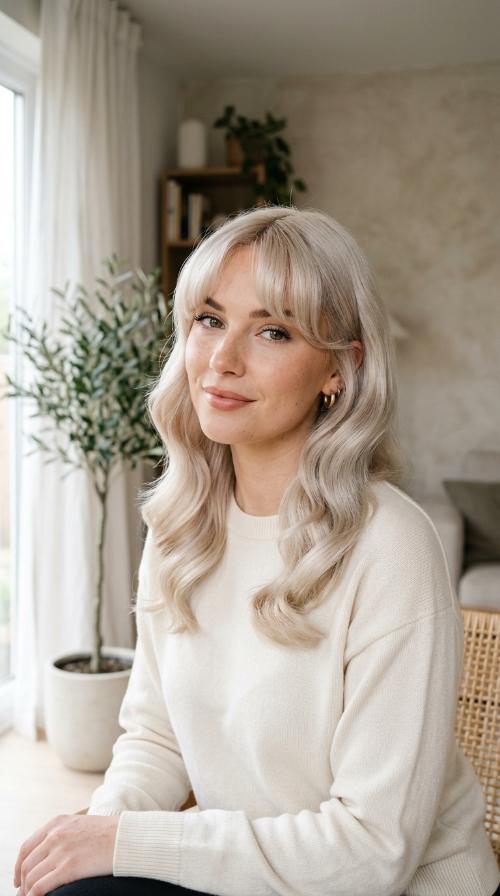 Icy Blonde Hollywood Waves with Retro Bangs