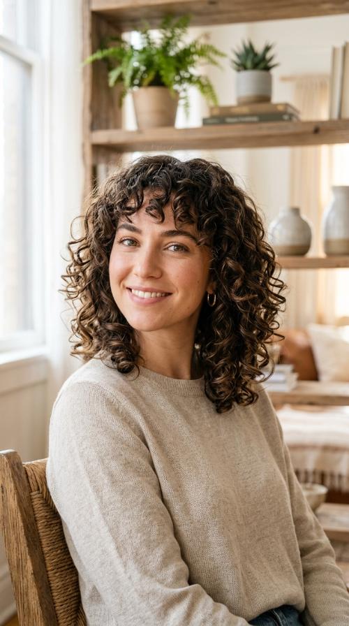 Layered Curly Lob with Bangs