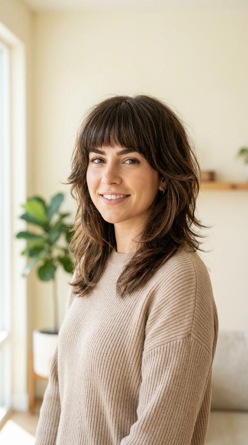 Layered Face-Framing Cut with Heavy Bangs