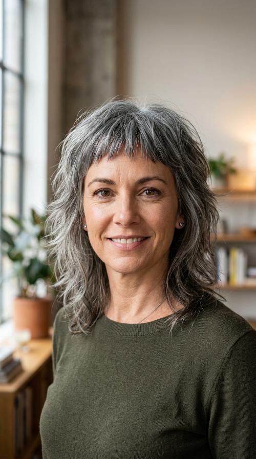 Layered Gunmetal Shag with Short Bangs