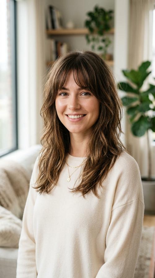 Long Layers with Soft Birkin Bangs