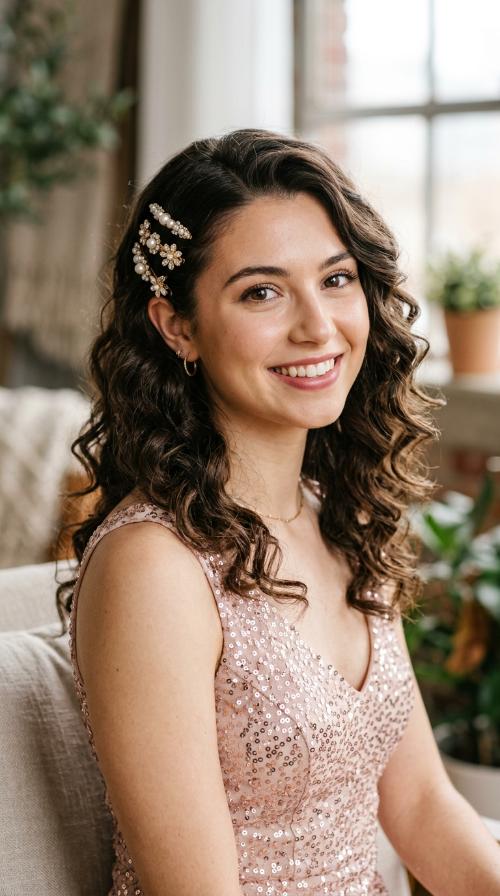 Loose Curls with Jeweled Clips
