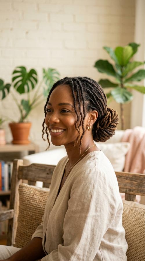 Low Chignon with Loc Tendrils