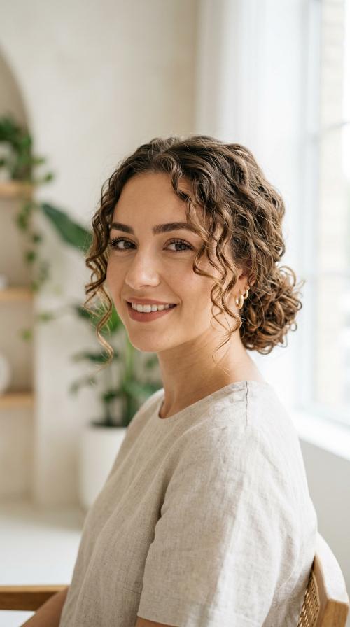 Low Curly Bun with Face-Framing Pieces