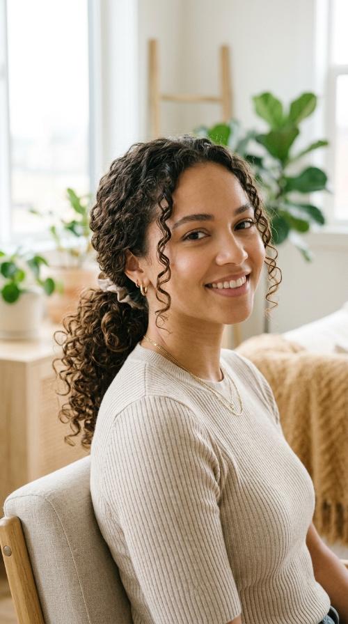 Low Curly Ponytail with Face-Framing Tendrils
