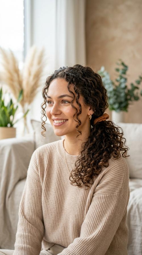 Low Curly Ponytail with Tendrils