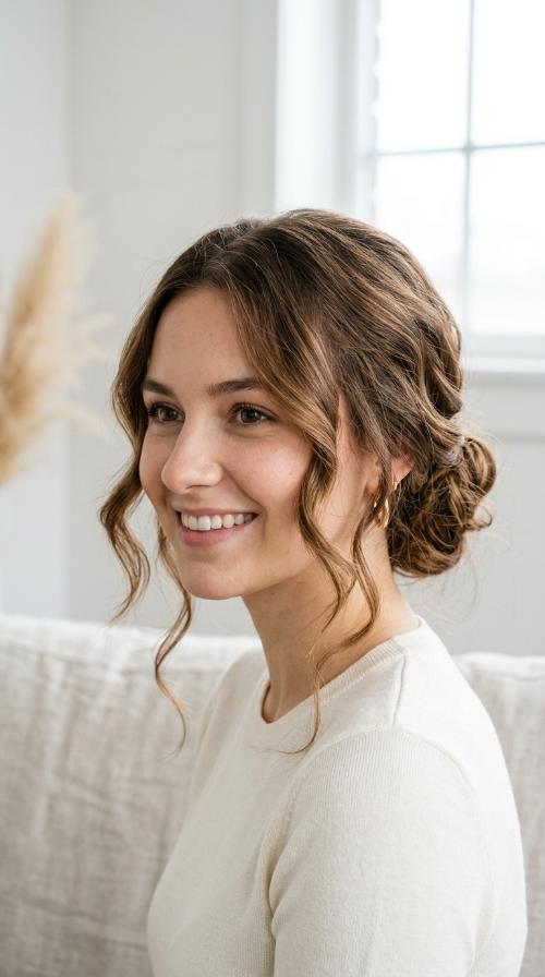 Low Messy Bun with Face-Framing Tendrils