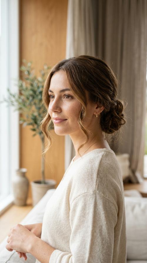 Low Messy Bun with Loose Tendrils