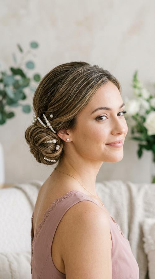 Low Tucked Bun with Pearl Pins