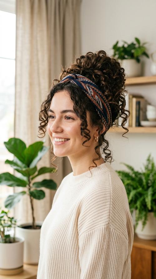 Messy Curly Bun with a Headband