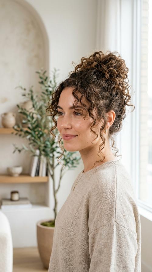 Messy Curly Bun with Face-Framing Tendrils