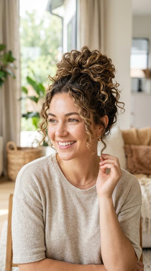 Messy Curly Bun with Root Lift