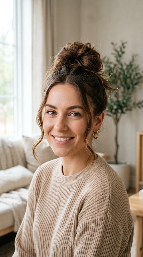 Messy High Bun with Face-Framing Tendrils