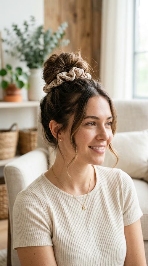 Messy High Bun with Scrunchie