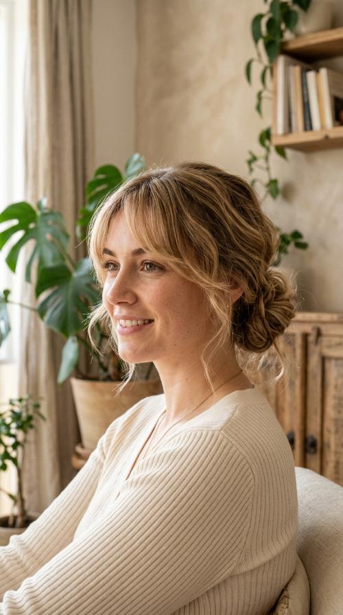 Messy Low Bun with Wispy Side Fringe