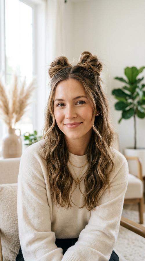 Messy Textured Space Bun Half-Up