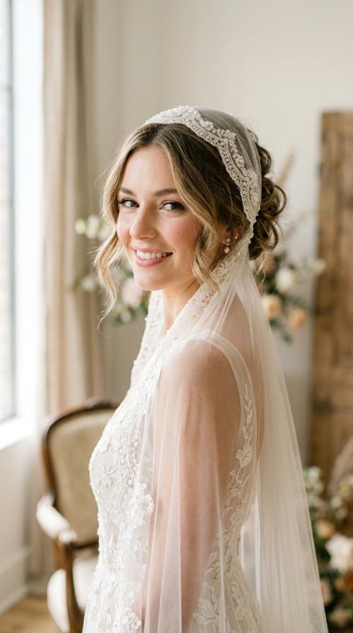 Messy Textured Updo with Juliet Cap Veil