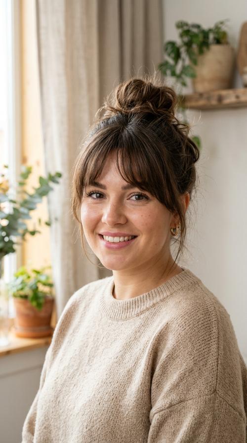 Messy Top Knot with Bangs