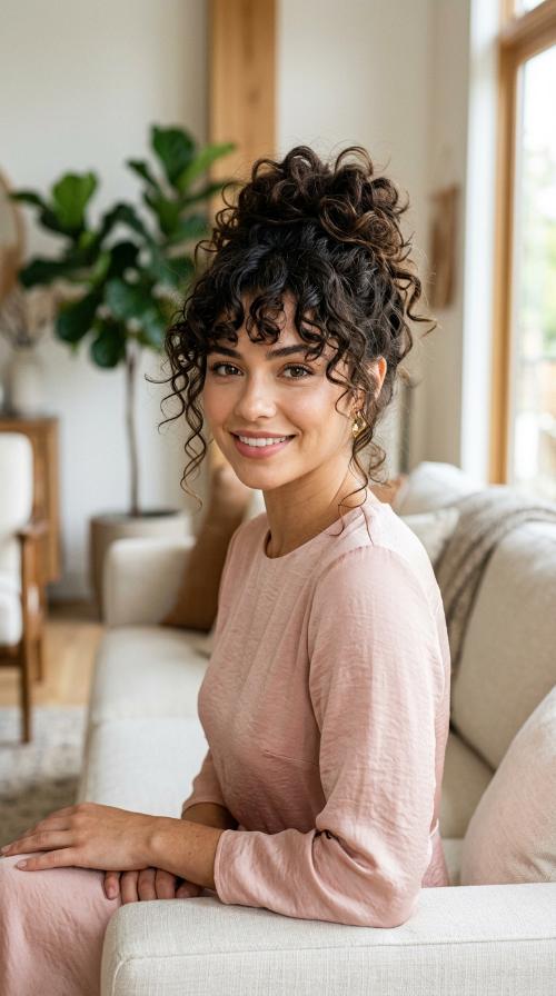 Messy Top Knot with Curly Fringe