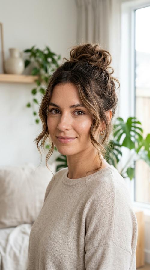 Messy Top Knot with Face-Framing Tendrils