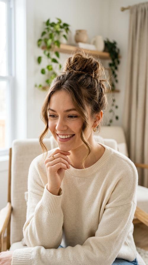Messy Top Knot with Face-Framing Tendrils