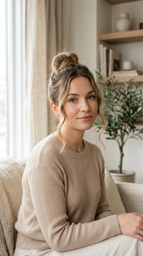 Messy Top Knot with Face-Framing Tendrils
