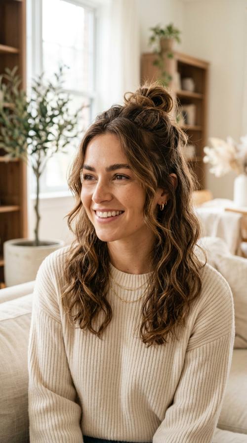 Messy Top Knot with Loose Waves
