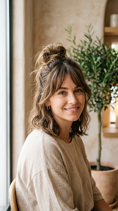 Messy Top Knot with Side Fringe