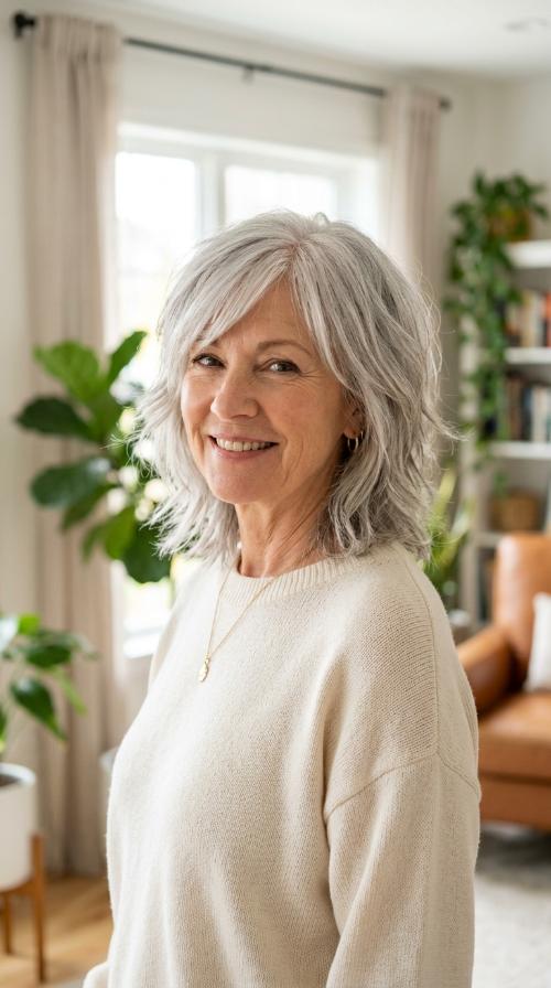 Mid-Length Platinum Choppy Layers with Side Bangs