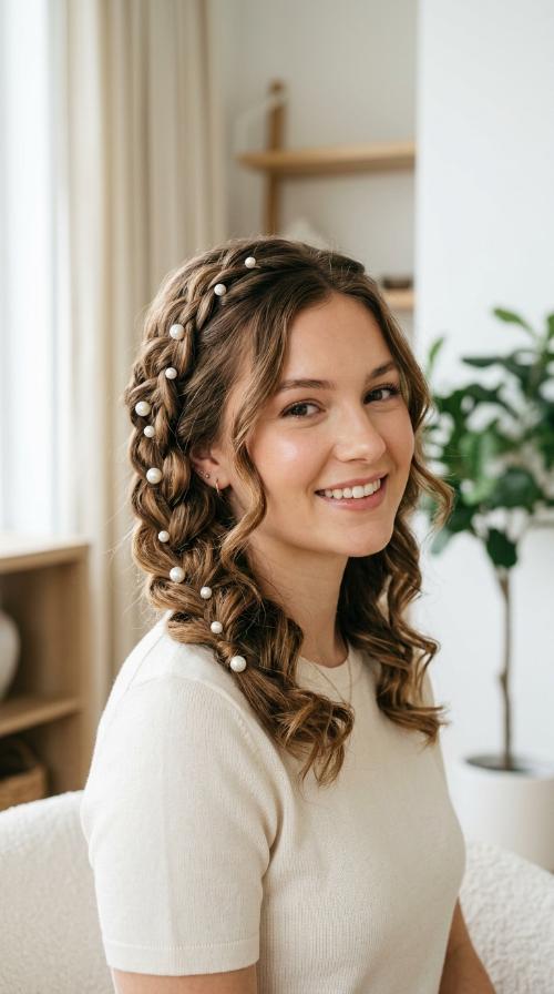 Pearl-Pinned Waterfall Braid