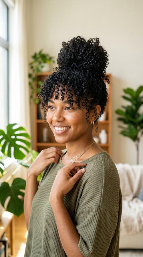 Pineapple Updo with Bangs