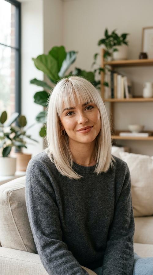 Platinum Lob with Blunt Fringe