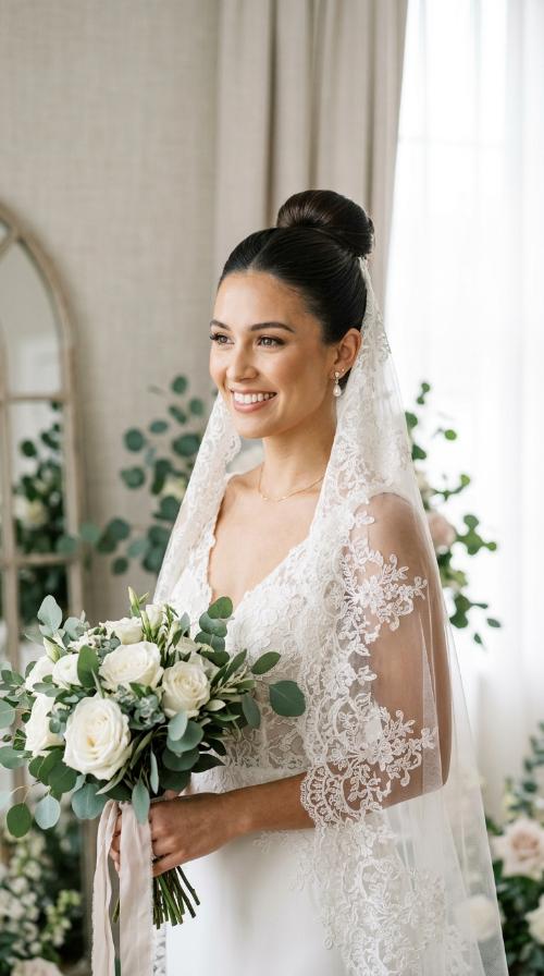 Polished High Bun with Mantilla Veil