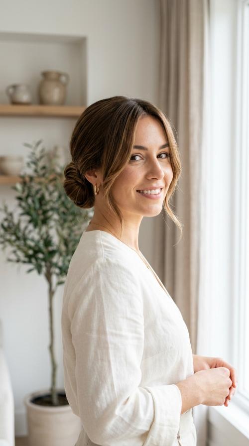 Polished Low Bun with Face-Framing Side Bangs