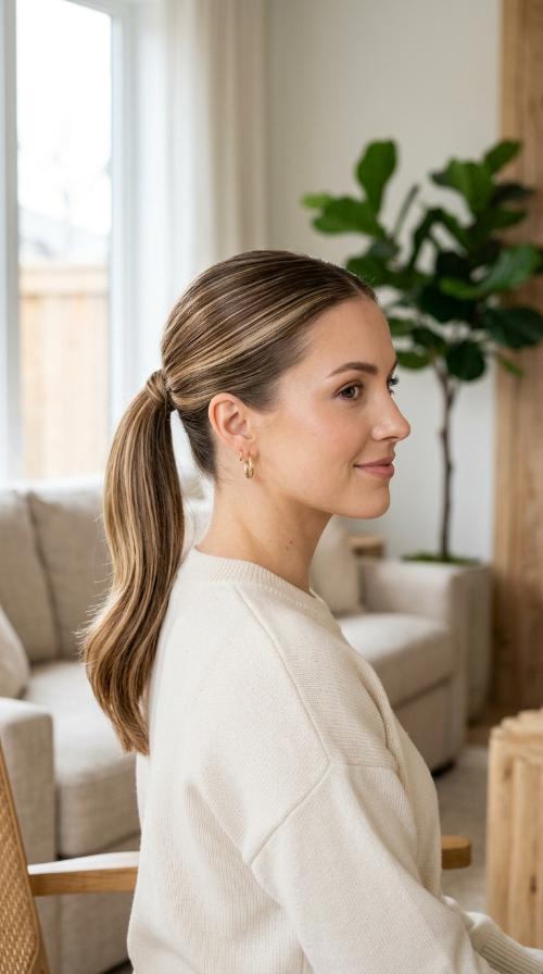 Polished Ponytail with Subtle Foil Highlights