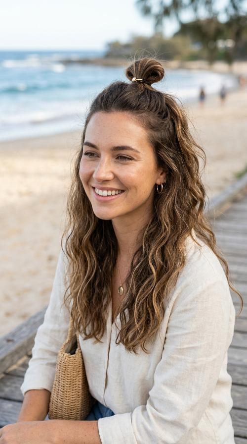 Relaxed Beachy Waves with Mini Bun