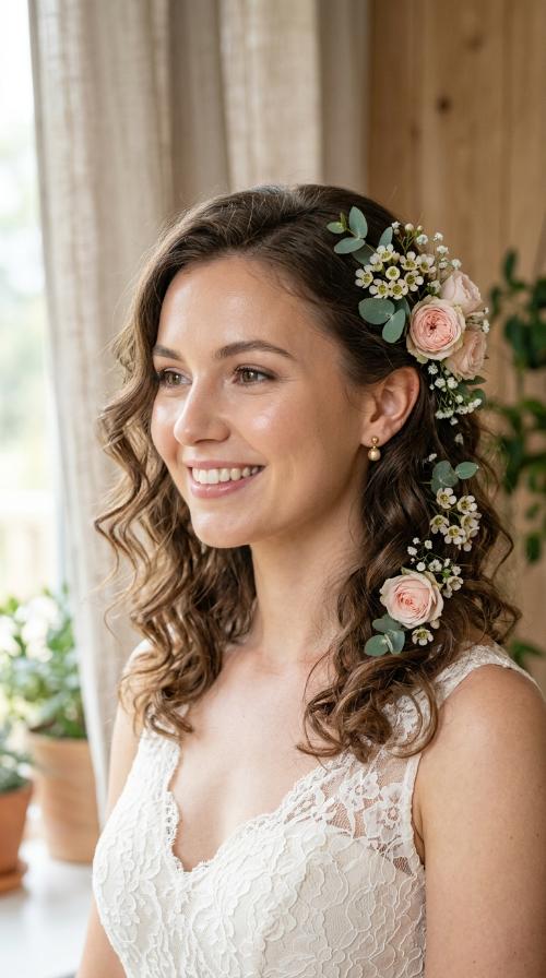 Romantic Loose Curls with Floral Accents