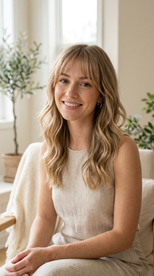 Sandy Blonde Waves with Wispy Bangs