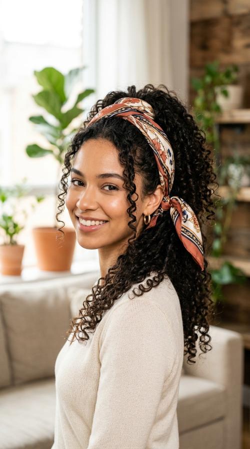 Scarf-Wrapped Curly Ponytail