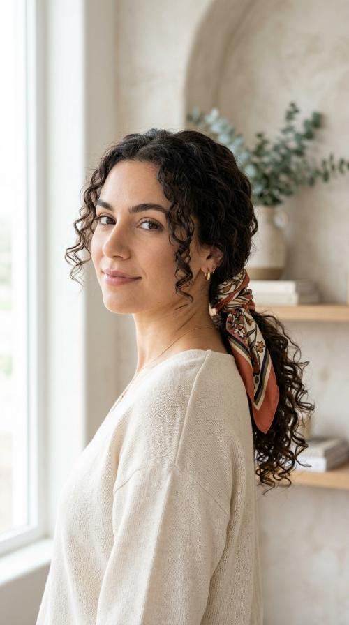 Scarf-Wrapped Low Ponytail