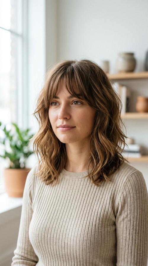 Shaggy Mid-Length Cut with Curtain Bangs