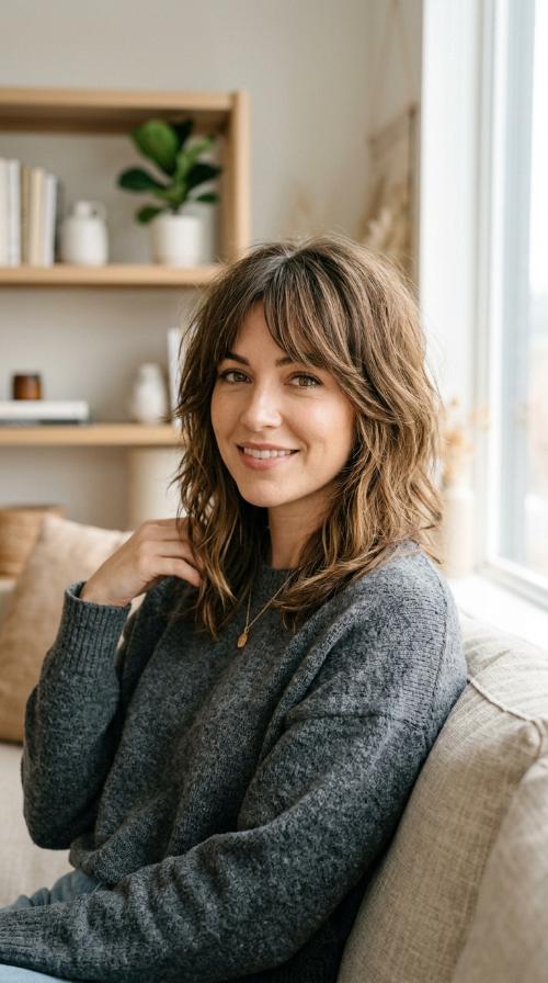 Shaggy Mid-Length Layers with Curtain Bangs