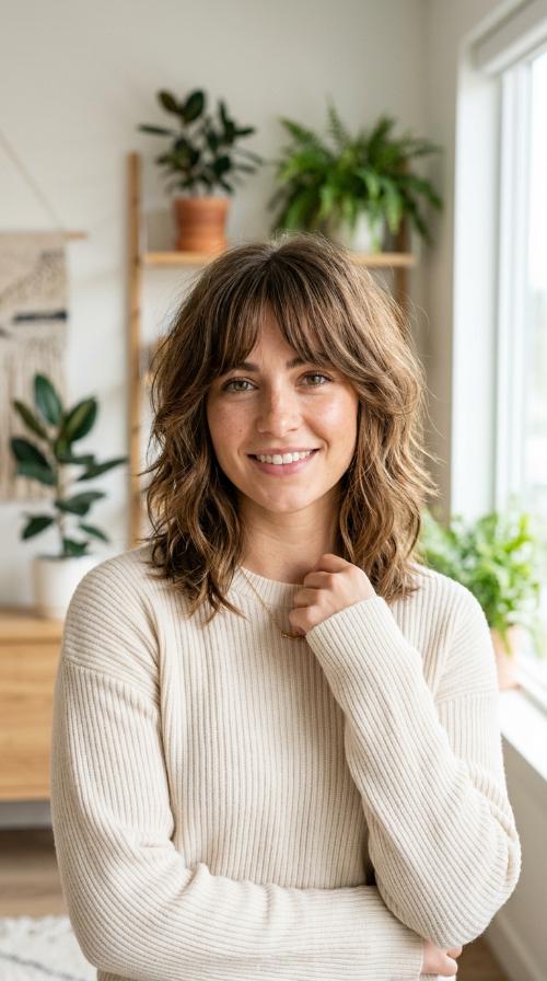 Shaggy Shoulder-Length Cut with Curtain Bangs
