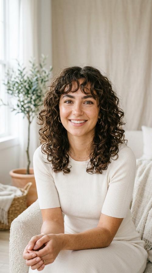 Shoulder-Length Curls with Airy Bangs
