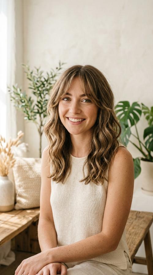 Shoulder-Length Waves with Curtain Bangs