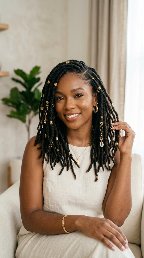 Side-Parted Locs with Gold Accents