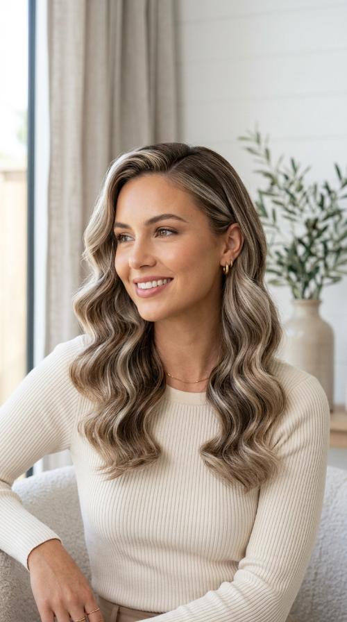 Side-Swept Hollywood Waves with Platinum Highlights