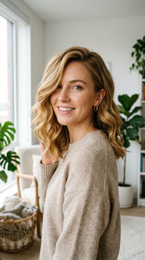 Side-Swept Lob with Golden Tones