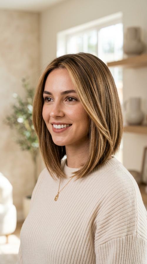 Sleek Angled Bob with Honey Highlights